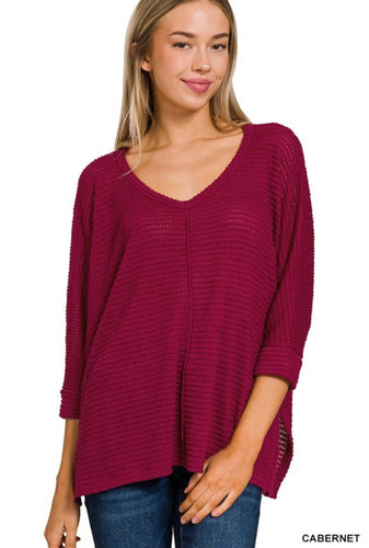 Cabernet 3/4 Sleeve V Neck Hi-Low Hem Jacquard Sweater