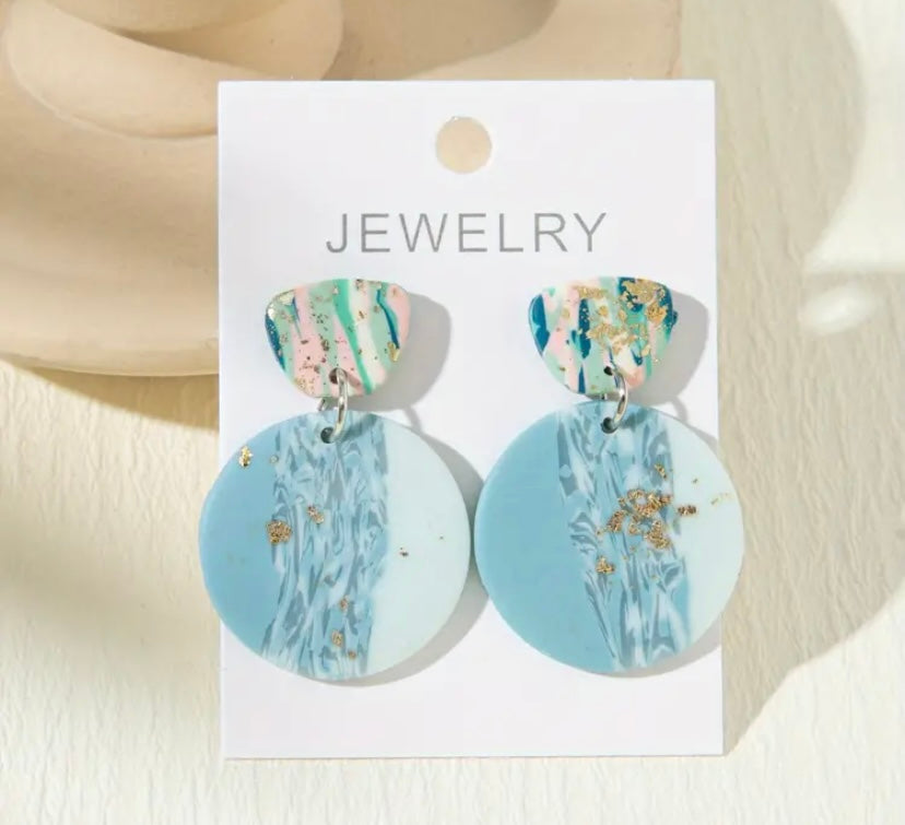 Blue Round Shape Golden Foil Dangle Earrings