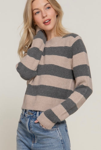 Charcoal Grey & Tan Striped Long Sleeve Crew Neck Sweater