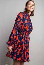 Royal Blue & Red Floral Printed Challis Mock Neck Dress