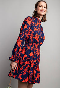 Royal Blue & Red Floral Printed Challis Mock Neck Dress