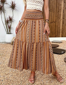 Brown Tribal Print Smocked Waist Boho Skirt