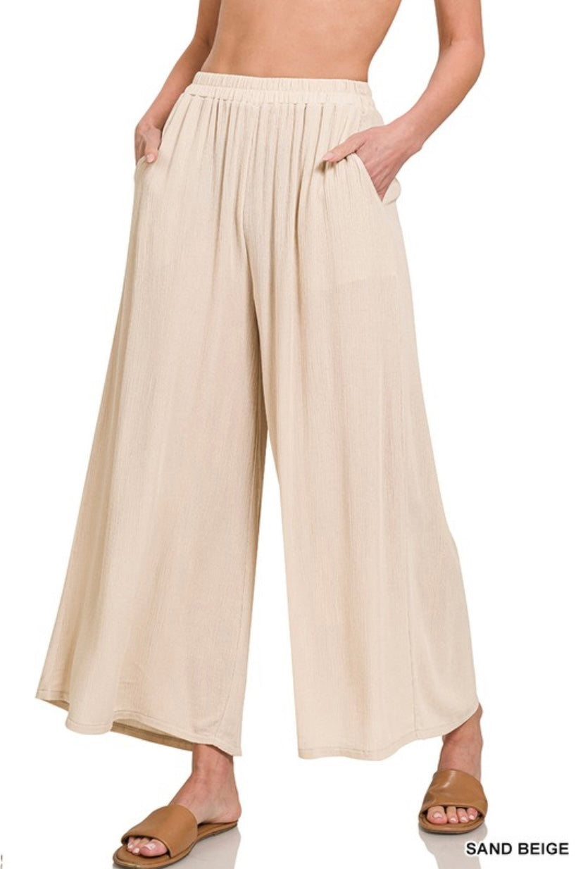 Sand Beige Woven Crinkle Wide Leg Pants with Pockets