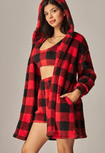 Red Buffalo Plaid 3pc Cozy Fleece Hooded Cardigan Pajama Set