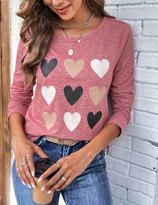 Pink Valentine's Day Heart Print Long Sleeve Tee