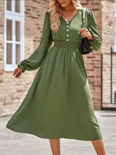 Army Green Smocked Waist V Neck Balloon Sleeve Midi Dress