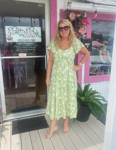 Light Green Floral Scoop Neck Flounce Sleeve Dress