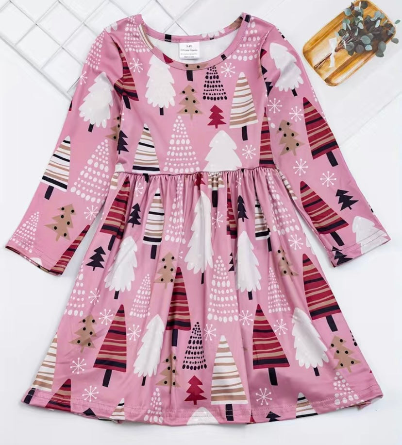 Pink Multi Christmas Tree Long Sleeve Dress