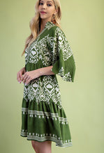 Olive Printed Tiered Dress with 3/4 Length Bell Sleeves