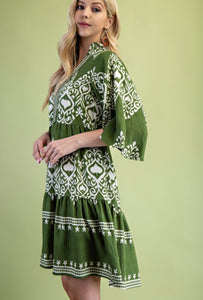 Olive Printed Tiered Dress with 3/4 Length Bell Sleeves