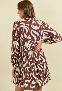 Chocolate Leaf Printed Poplin Half Button Down Mini Dress