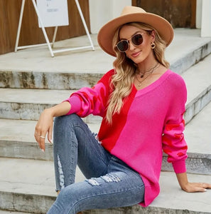 Hot Pink Color Block Red Leopard Print V Neck Sweater