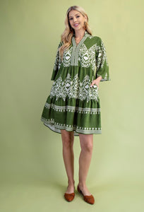 Olive Printed Tiered Dress with 3/4 Length Bell Sleeves