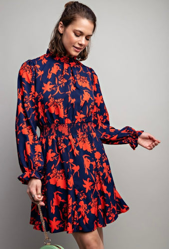 Royal Blue & Red Floral Printed Challis Mock Neck Dress
