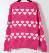 Hot Pink Heart Design V Neck Pointelle Knit Sweater