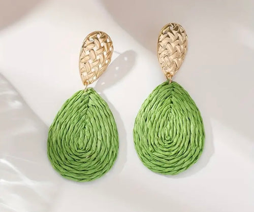 Lime Green Droplet Handmade Raffia Braided Dangle Earrings