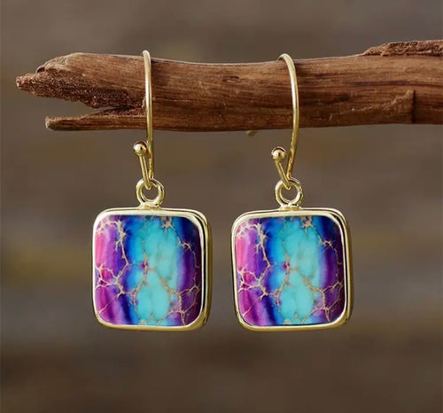 Multi Color Crackling Square Dangle Earrings