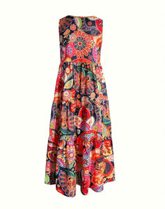 Orange Paisley Floral Sleeveless Tier Ruffle Maxi Dress