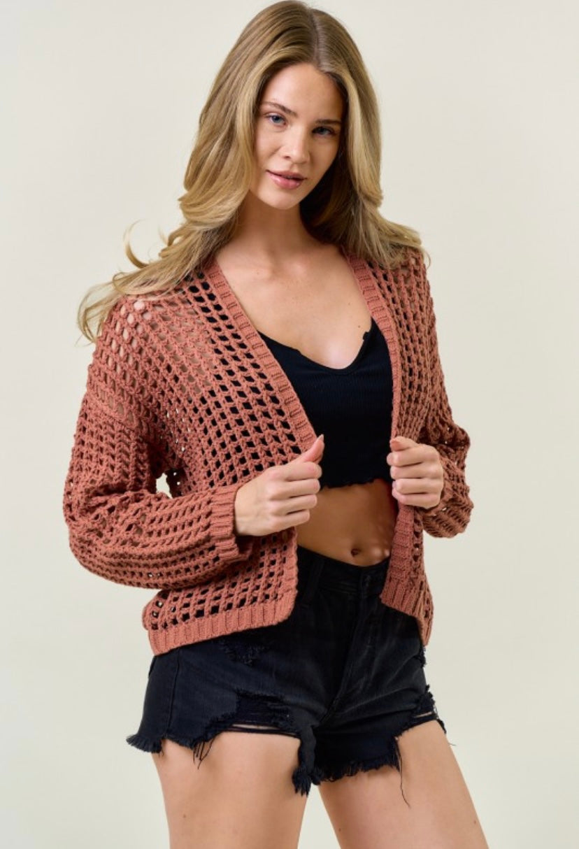 Clay Crochet Fishnet Cropped Open Cardigan