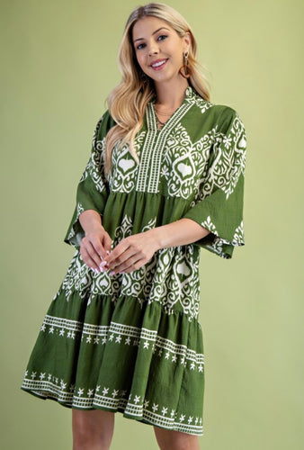 Olive Printed Tiered Dress with 3/4 Length Bell Sleeves