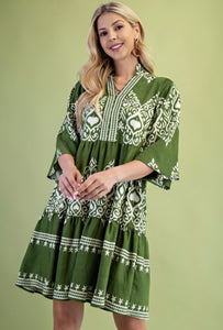 Olive Printed Tiered Dress with 3/4 Length Bell Sleeves