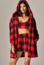 Red Buffalo Plaid 3pc Cozy Fleece Hooded Cardigan Pajama Set