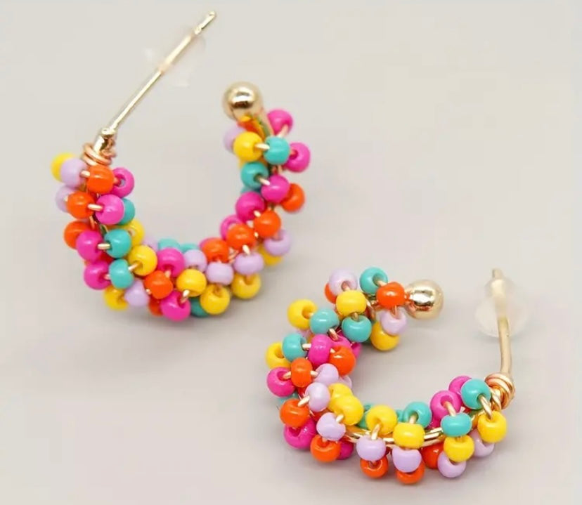 Multi-Colored Rice Bead Copper Hoop Earrings