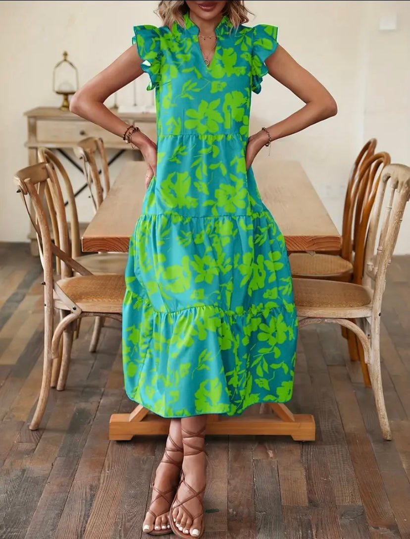 Green Floral V-Neck Tier Ruffle Maxi Dress Pretty In Pink Boutique, LLC Green Floral V-Neck Tier Ruffle Maxi Dress Pretty In Pink Boutique, LLC