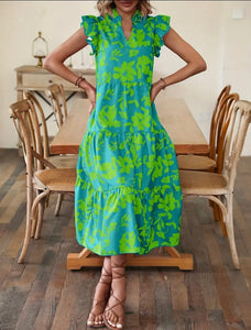 Green Floral V-Neck Tier Ruffle Maxi Dress Pretty In Pink Boutique, LLC Green Floral V-Neck Tier Ruffle Maxi Dress Pretty In Pink Boutique, LLC