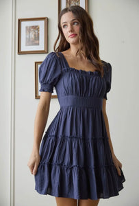 Navy Blue Square Neck Smocked Tiered Mini Dress