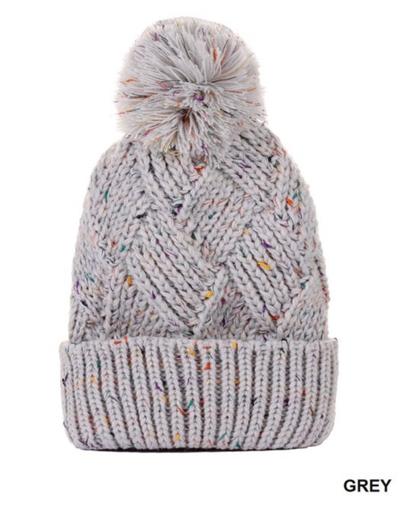 Grey Speckled Pom Pom Beanie Hat