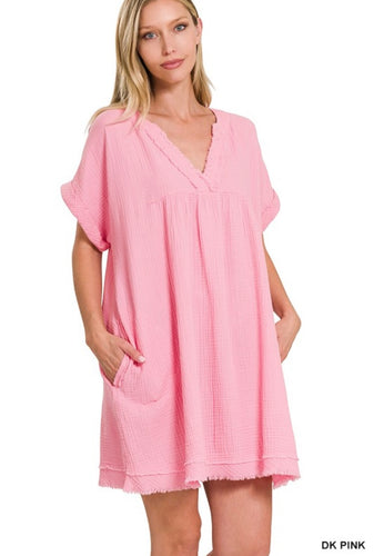 Dk Pink Double Gauze Raw Edge V-Neck Dress