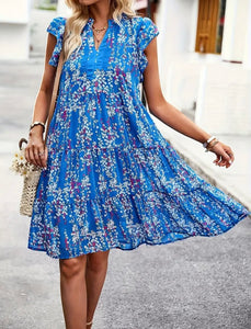 Blue Floral Butterfly Sleeve Tier Ruffle Dress