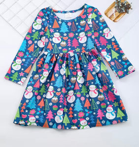 Blue Dress w/Snowmen and Multi Colored Christmas Trees
