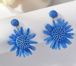 Blue Hand-Woven Raffia Sunflower Dangle Earrings