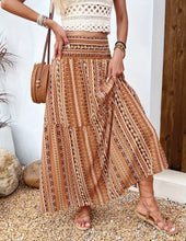 Brown Tribal Print Smocked Waist Boho Skirt