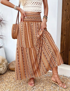 Brown Tribal Print Smocked Waist Boho Skirt