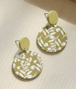 Green Floral Round Polymer Clay Dangle Earrings