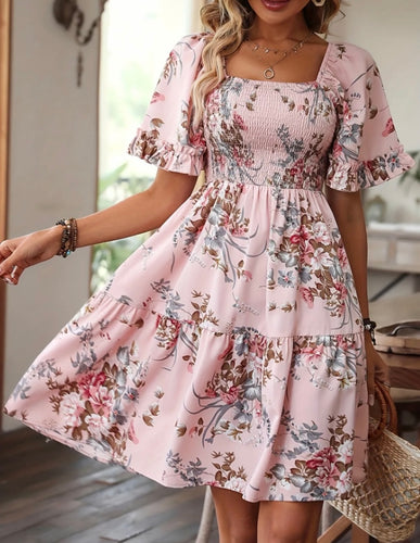 Pink Floral Print Smocked Tier Ruffle Dress