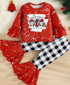 Red Paint Splatter "Merry Christmas Gnomies" Bell Sleeve Top and Matching White Buffalo Plaid Bell Bottoms