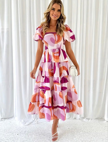 Purple Multi Abstract Print Smocked Puff Sleeve Tier Ruffle Maxi Dress