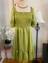 Green Smocked Square Neck Puff Sleeve Dress