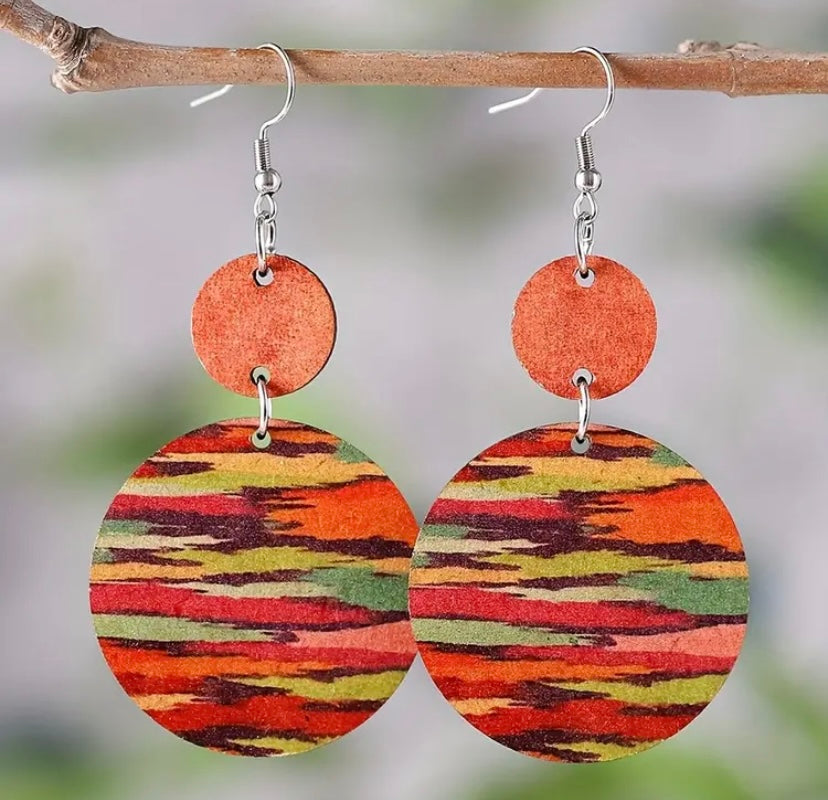 Wooden Colorful Striped Design Dangle Earrings