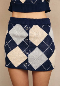 Navy Argyle Knit Sweater Top and Matching Skirt