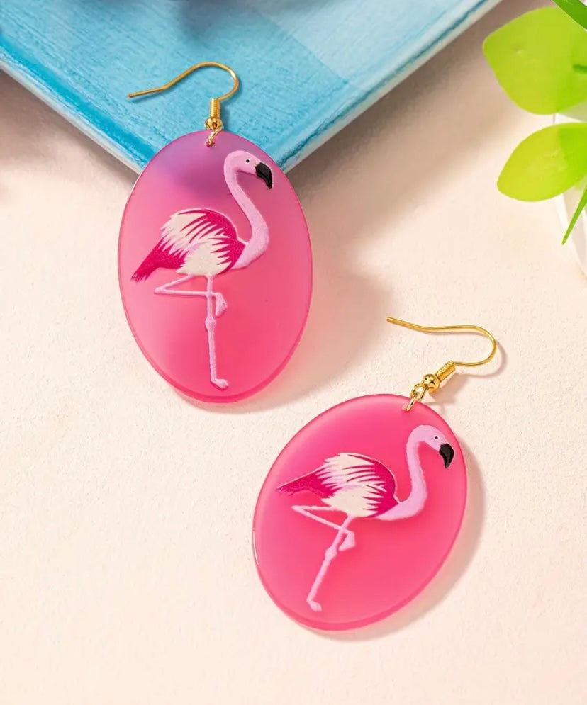 Pink Oval Flamingo Acrylic Dangle Earrings