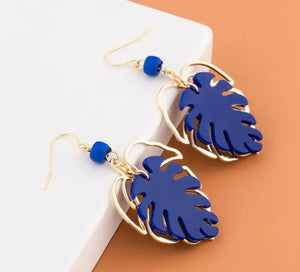 Navy Blue Leaf Drop 14K Gold Plated Dangle Earrings