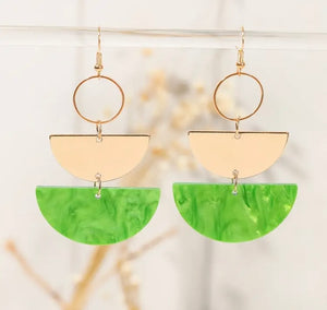 Green and Gold Geometric Acrylic Half-Circle Dangle Earrings