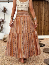 Brown Tribal Print Smocked Waist Boho Skirt