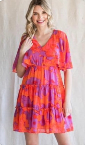 Orange Floral Chiffon Tier Ruffle Dress