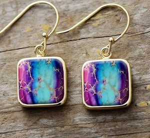 Multi Color Crackling Square Dangle Earrings